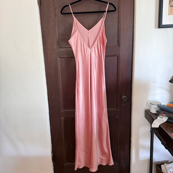 Soft Pink 100% Silk V Neck V Back Bias Cut Maxi Slip Dress Chemise Nightgown XL - Picture 3 of 9